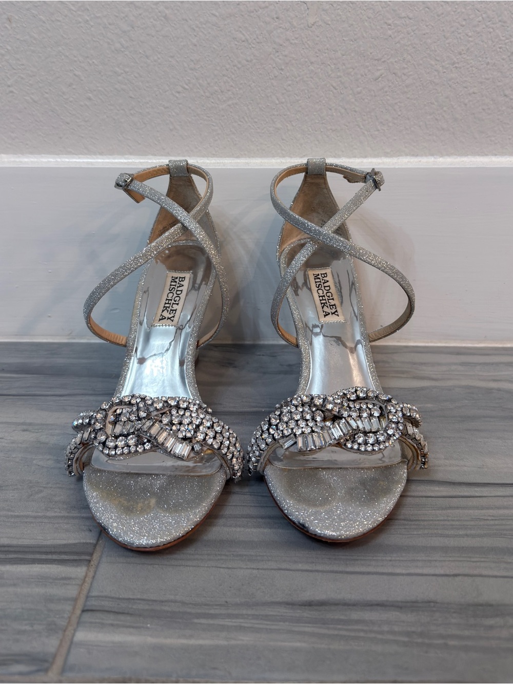 Badgley Mischka Silver Crystal Braided-Strap Heels